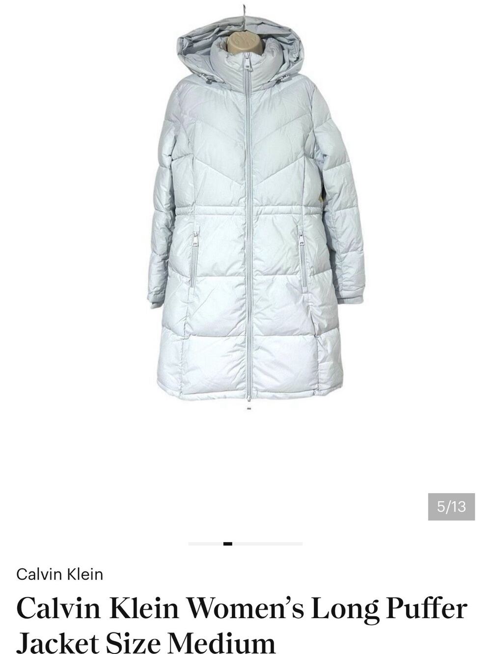 Calvin Klein Women's Light Silver-Gray Long Puffer Coat with Hood